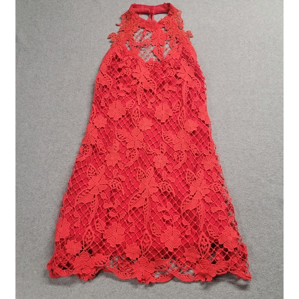 Free People Coral‎ Orange Crochet Lace Overlay Halter Dress XS Lined Open Back